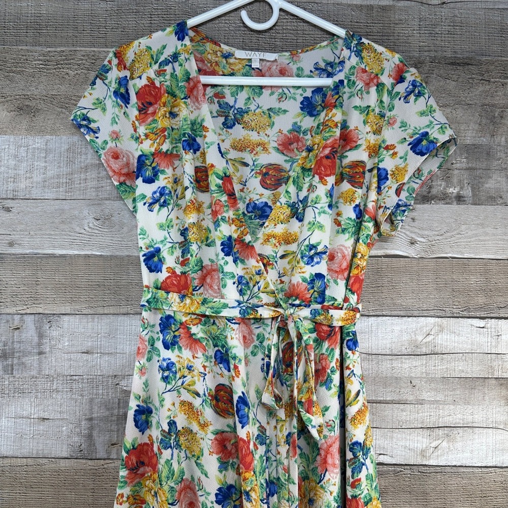 WAYF Floral Wrap‎ Dress High Low Ruffle Hem Midi Short Sleeve V-Neck Ivory Large